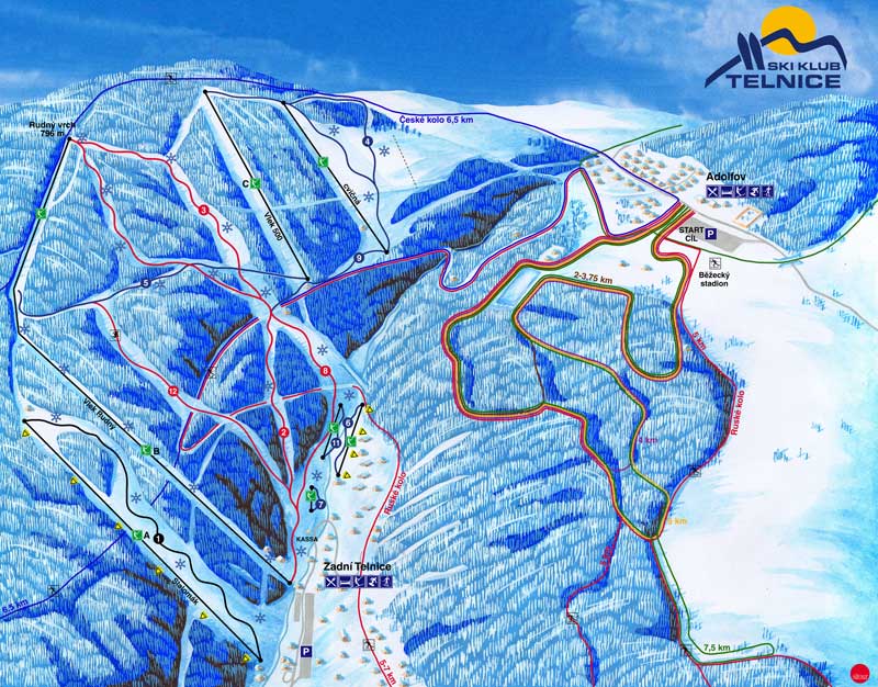 Abfahrtsstrecken für Skifahrer / Snowboarder und Langläufer, als Grafik mit verschiedenen Pisten: Blau, Rot, Schwarz und Langlaufrouten. Im Hintergrud Deutschland und Erzgebirgskamm