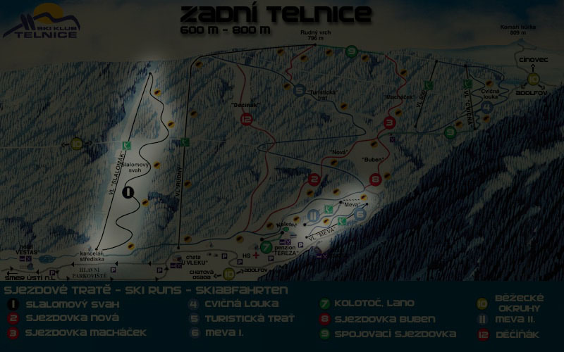 Eine Karte mit möglichen beleuchteten Pisten zum Nachtskifahren vom Erzgebirgskamm