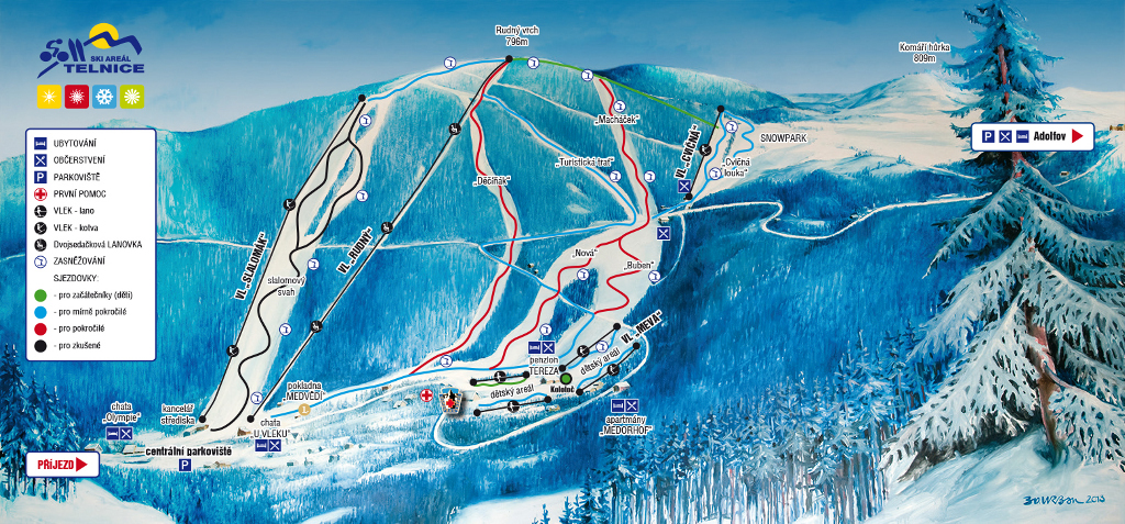 Abfahrtsstrecken für Skifahrer und Snowboarder, als Grafik mit verschiedenen Pisten: Blau, Rot, Schwarz. Im  Hintergrund der Erzgebirgskamm