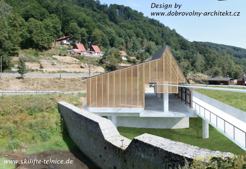 Designentwurf Talstation mit Blechdach und Holzverschalung